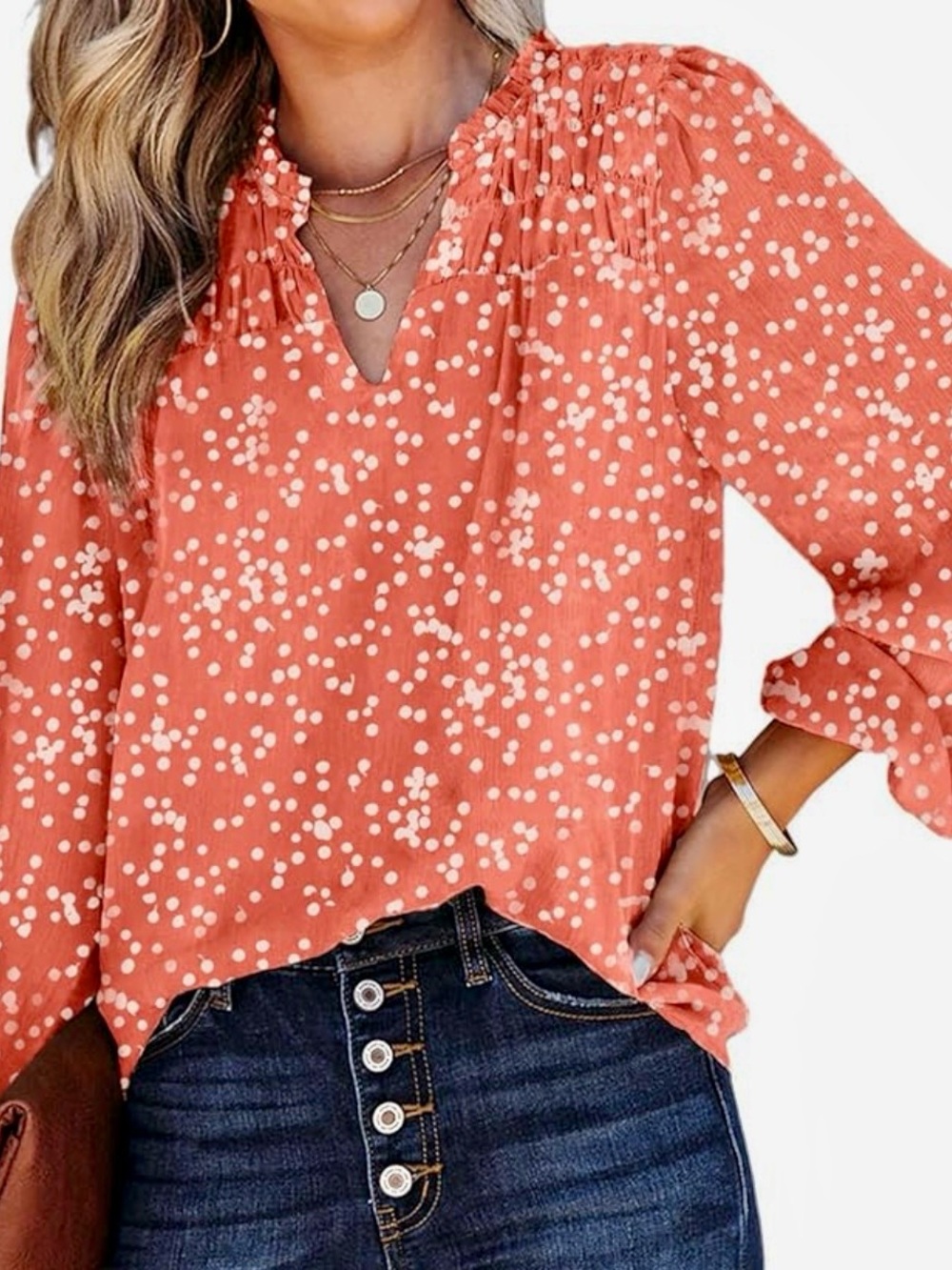 Dokotoo Women's lined Coral and White Print Smocked Yoke Blouse NWT